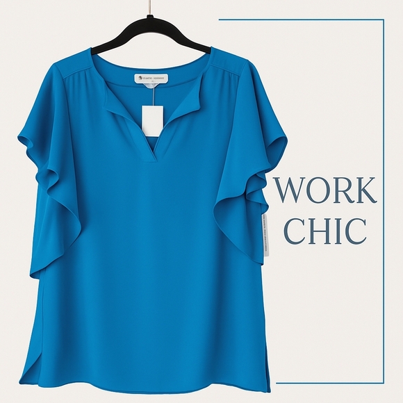BNWT Counterparts US L Elegant Blue  Women's Top Ruffle Sleeve Blouse Office - Picture 1 of 11
